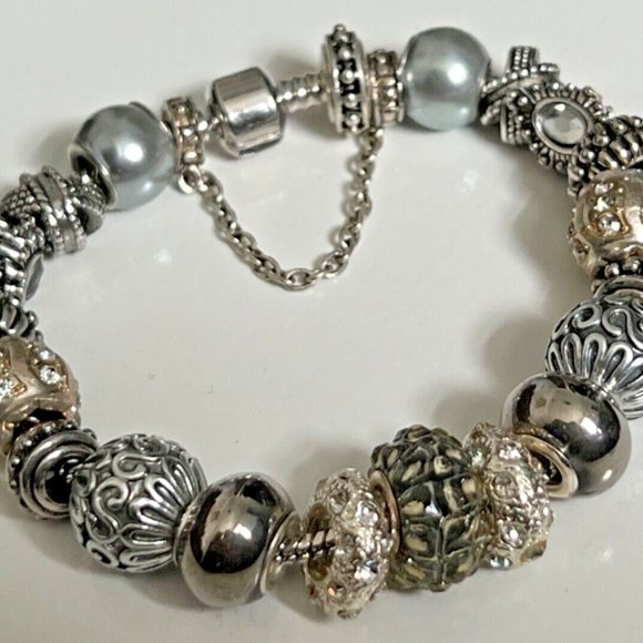 EUROPEAN STYLE CHARM BRACELET with BEADS, Safety Chain, 8.5" Long - Picture 2 of 6